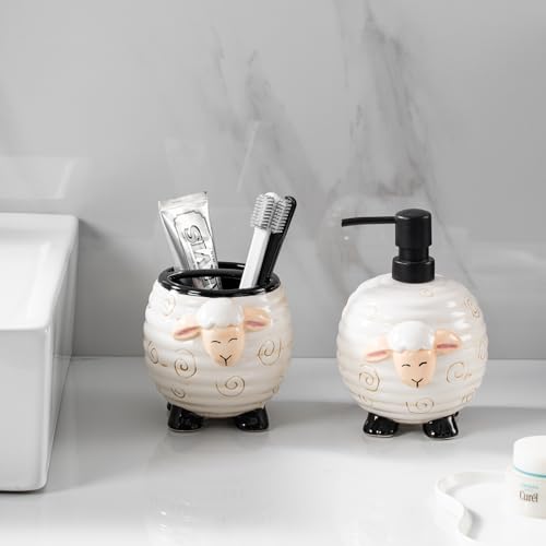Sheep Bathroom Accessories 2 Piece Set Ceramic Soap Dispenser and Toothbrush Holder for Modern Bathroom Decor, Bathroom Accessory Set