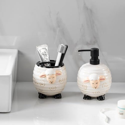 Sheep Bathroom Accessories 2 Piece Set Ceramic Soap Dispenser and Toothbrush Holder for Modern Bathroom Decor, Bathroom Accessory Set
