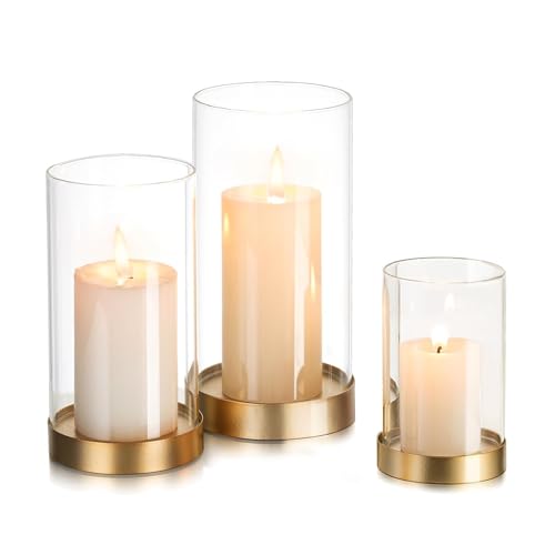 Hewory Hurricane Candle Holder for Pillar Candles: 3Pcs Gold Candle Holders | Hurricane Glass Candle Holders with Metal Plate, Table Centerpiece Wedding Holiday Party Fireplace Mantel Decor, 3 Sizes - color: Gold, size: 3PCS