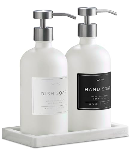 Glass Soap Dispenser Set of 2 (White) with Silicone Tray | Hand and Dish Soap Dispenser for Kitchen and Bathroom | 16.8 Oz Glass Bottles with Stainless Steel Pump & 15 Waterproof Labels (White/Silver) - color: White/Silver