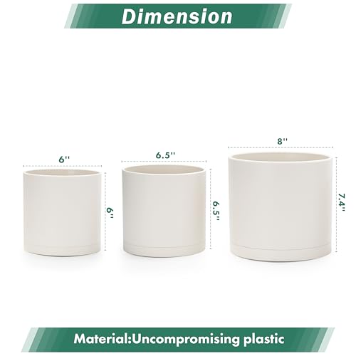 D'vine Dev 3-Pack Plastic Pots & Saucers, 6/6.5/8 in, Oatmeal, 74-V-H-3 | Multi-Size Options, Lightweight Durable, Matte Finish, Cylinder Shape, Drainage Holes, Sleek Design, Detachable Saucer - color: Oatmeal, size: Medium