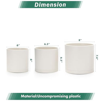 D'vine Dev 3-Pack Plastic Pots & Saucers, 6/6.5/8 in, Oatmeal, 74-V-H-3 | Multi-Size Options, Lightweight Durable, Matte Finish, Cylinder Shape, Drainage Holes, Sleek Design, Detachable Saucer - color: Oatmeal, size: Medium