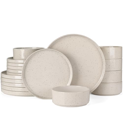 Famiware Nebula 18-Piece Stoneware Dinnerware Set, Creamy White | Plates and Bowls with Reactive Glaze and Colorful Speckles, Chip & Scratch Resistant, Microwave & Dishwasher Safe - color: Creamy White with Colorful Speckles, size: Service for 6 (Standard