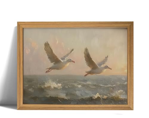 AZPRXN Vintage Seascape Wall Art, Ocean Sunset Oil Painting Print, Coastal Seagulls Flying Over Sea Canvas poster, Ocean Sunset for Living Room, Bedroom, Wood Frame 12x16in - color: Retro Sunset Ocean, size: 16"L x 12"W