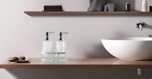 Square Glass Clear Lotion and Soap Pump Dispenser Set with Metal Stand Caddy for Bathroom Bath Kitchen Home Office Travel Hotel Hand Crafted Heavy Weight Chrome - color: Chrome