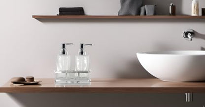 Square Glass Clear Lotion and Soap Pump Dispenser Set with Metal Stand Caddy for Bathroom Bath Kitchen Home Office Travel Hotel Hand Crafted Heavy Weight Chrome - color: Chrome