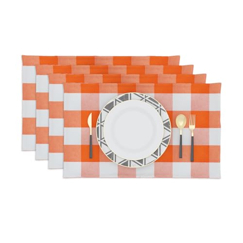 4 Pieces Orange & White Cotton Buffalo Check Placemats Heat Resistant Dining Table Place Mats for Kitchen Table 12 x 18 inches - color: Plaids Orange & White, size: Rectangular Placemats 12" x 18"