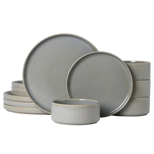 12PCS Ceramic Dinnerware Set for 4,Stoneware Plates and Bowls Sets | Reactive Glaze Dish Set,Scratch Resistant Tableware Set,Reactive Glaze,Microwave & Dishwasher Safe,Sage Mist - color: Sage Mist, size: Service for 4（12PCS）