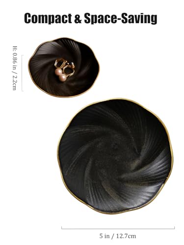 Black Ceramic Jewelry Tray with Gold Edge, 5 Inch Modern Trinket Dish for Rings & Earrings, Minimal Vanity Organizer - color: Black_round