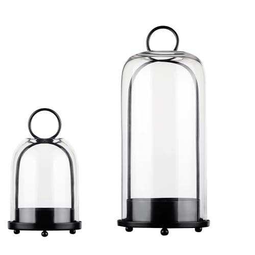 5" & 4" Wide Versatile Metal Candle Holder in Black with Handmade Thick, Heavy & Sturdy Glass Dome for Pillar Candle, Industrial, Modern, Shelf, Mantel, Veranda, Porch (Black, Large & Small) - color: Black