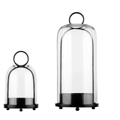 5" & 4" Wide Versatile Metal Candle Holder in Black with Handmade Thick, Heavy & Sturdy Glass Dome for Pillar Candle, Industrial, Modern, Shelf, Mantel, Veranda, Porch (Black, Large & Small) - color: Black
