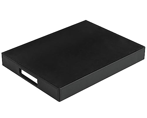 HofferRuffer Rectangle Serving Tray with Hole Handles for Coffee Table, Breakfast, Tea, Food, Butler - Countertop, Kitchen, Vanity Serve Tray, 16.2 x 12.2 x 2 inches, Faux Leather Tray (Black) - color: Black
