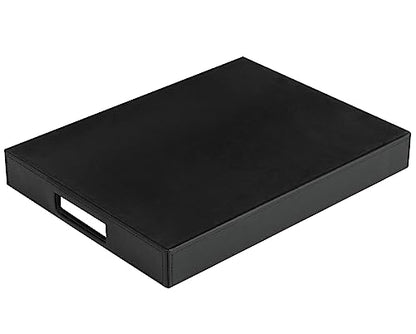 HofferRuffer Rectangle Serving Tray with Hole Handles for Coffee Table, Breakfast, Tea, Food, Butler - Countertop, Kitchen, Vanity Serve Tray, 16.2 x 12.2 x 2 inches, Faux Leather Tray (Black) - color: Black