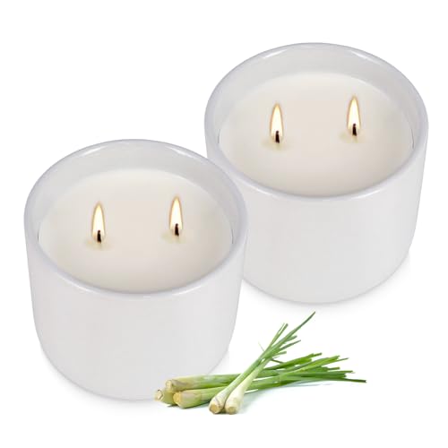 2-Pack Citronella Candles in White Ceramic Jars - 2 Cotton Wicks, Citronella Oil with Elegant White Pillar Design Perfect for Outside Patio, Camping & Garden, Summer Gifts for Indoor Home - color: White