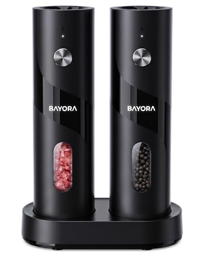 Rechargeable Electric Salt & Pepper Grinder Set, Charging Base, 2-Pk | Adjustable coarseness, large capacity, LED grind light, ceramic core, no batteries needed. Great kitchen gift.