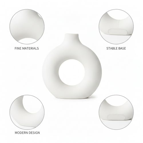 Modern Torus Ring Vase, Geometric Donut Shape Flower Holder for Home and Office Decor, White Plastic Sculptural Accent