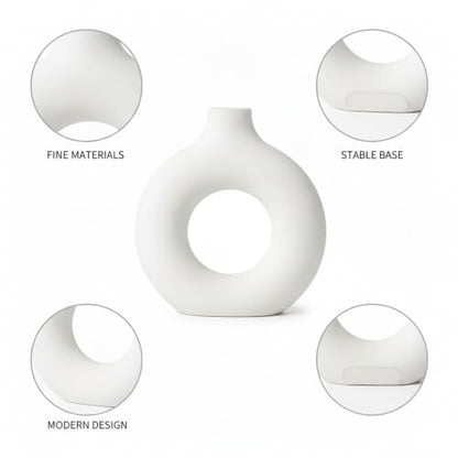 Modern Torus Ring Vase, Geometric Donut Shape Flower Holder for Home and Office Decor, White Plastic Sculptural Accent