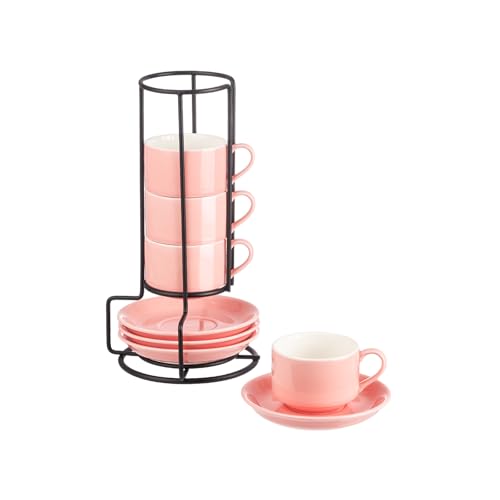YOLIFE 2.5oz Espresso Cups Set of 4, Porcelain Stackable Espresso Cups, Expresso Shots Cup Set with Saucers and Metal Stand-Pink - color: Pink, size: 2.5oz
