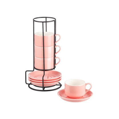 YOLIFE 2.5oz Espresso Cups Set of 4, Porcelain Stackable Espresso Cups, Expresso Shots Cup Set with Saucers and Metal Stand-Pink - color: Pink, size: 2.5oz