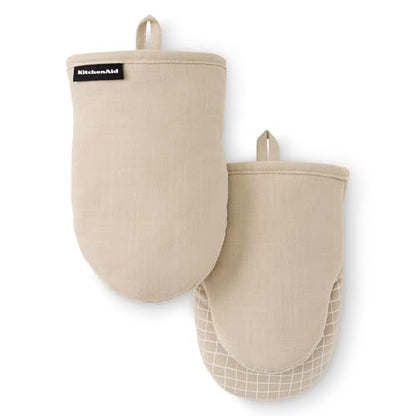 KITCHENAID Gourmet Series Gridlines Mini Oven Mitts 2-Pack Set, Heat Resistant up to 600°F, Soft Silicone Grip, Magnetic Cuff, Milkshake Tan, 5.5"x9" - color: Milkshake Tan