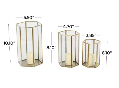 CosmoLiving by Cosmopolitan Glass Decorative Candle Lantern with Metal Plate, Set of 3 6", 8", 10"H, Gold - size: 3 PIECES SMALL SIZE