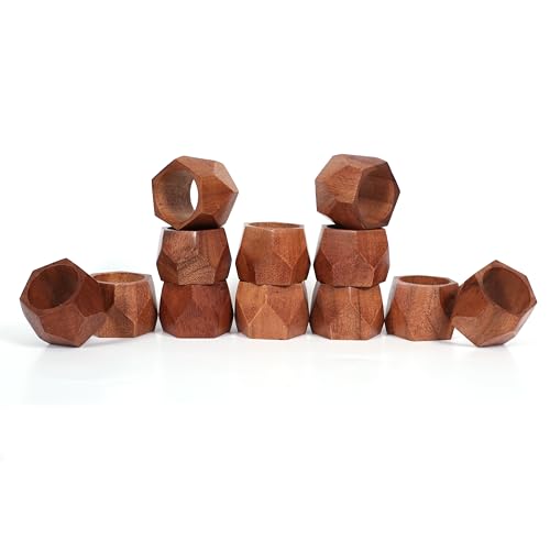 ALPHA Living HOME Wooden Napkin Rings Set of 12 - Decorative Daimond Serviette Holders for Party, Decoration, Dinning Table, Everyday, Family Gatherings - Rustic Reusable Napkin Rings (Brown) - color: Tan, size: 12- Pack