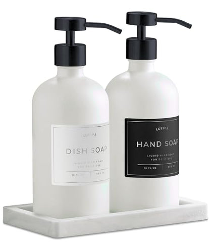 Glass Soap Dispenser Set of 2 (White) with Silicone Tray | Hand and Dish Soap Dispenser for Kitchen and Bathroom | 16.8 Oz Glass Bottles with Stainless Steel Pump & 15 Waterproof Labels (White/Black) - color: White/Black