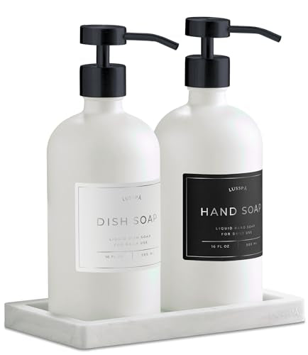 Glass Soap Dispenser Set of 2 (White) with Silicone Tray | Hand and Dish Soap Dispenser for Kitchen and Bathroom | 16.8 Oz Glass Bottles with Stainless Steel Pump & 15 Waterproof Labels (White/Black) - color: White/Black