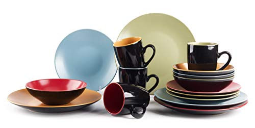 HomeVss Stoneware Two-Tone Colors Life 16pc Dinnerware Set，Outside Shinny Black + Inside Matte Finished Very Funny - 4 Assorted Colors Turquoise, Olive, Curry and Red - color: Verry Funny, size: 16pc Set