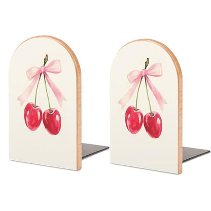Two Red Cherries Tied with A Pink Ribbon Wooden Bookends Shelves 2 PCS Coquette Sturdy Book Holders Desktop Organizer for Home Office Libraries - color: Color-4