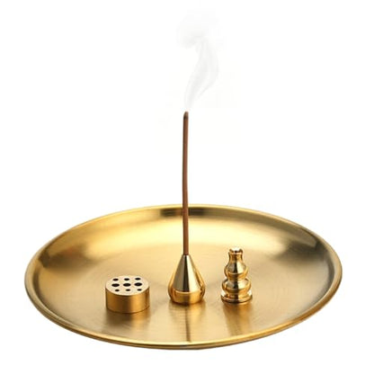 Brass Incense Holder for Sticks with Ash Catcher, 4-in-1 Stackable Incense Burner Holder, 5.5 Inch Round Tray, 9 Holes Insert for Meditation Yoga Home Decor