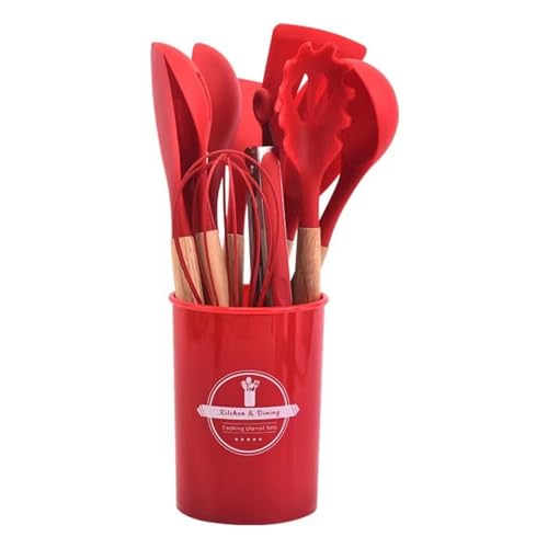 12 PCS Silicone Kitchen Utensils Set with Wooden Handle, Non-Stick Heat Resistant Cooking Tools with Holder, BPA-Free Kitchen Gadgets for Cookware, Multicolor