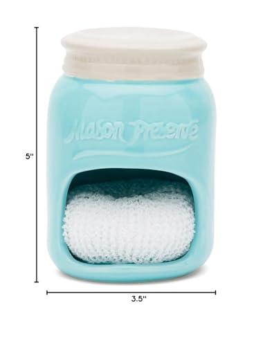 Fox Run Ceramic Mason Jar Holder with Sponge, 3.5 x 3.5 x 5 inches, Blue - style: Sponge Holder