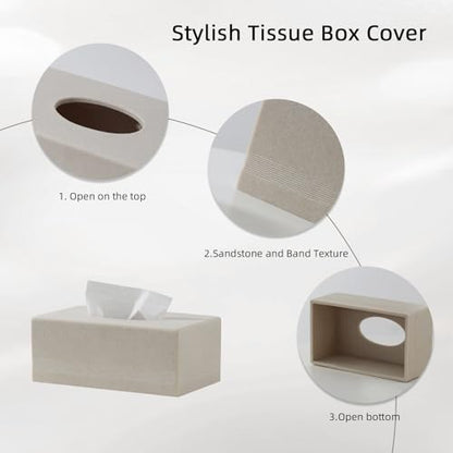 Tissue Box Cover Rectangle, Sandstone Look, Simple Stripe, Beige | Resin, Facial Tissues Holder Covers Rectangular, Paper Holder for Bathroom Kitchen Bedroom Living Room Office Hotel Cafe Bar - color: Beige - Rectangle