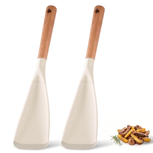 Cooking Spoon for Nonstick Cookwares, Multifunction Spatula Spoon, Great for Both Cooking and Serving, Wood Handle Spoon for Stirring, Mixing, Serving (2, WHITE) - color: White
