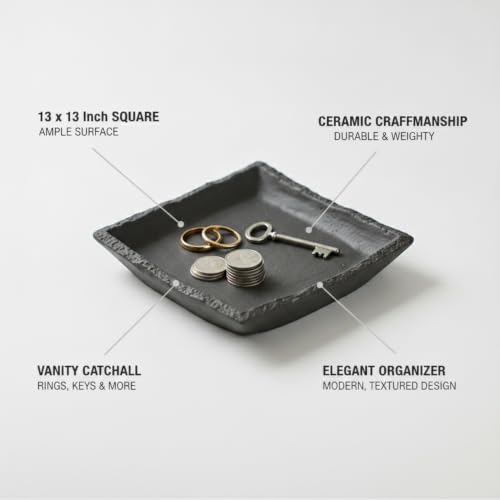 13 Inch Square Ceramic Catchall Tray for Jewelry, Keys, and Coins - Modern Black Decorative Organizer for Vanity, Entryway, or Nightstand