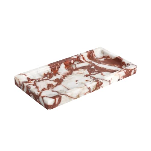 Small Marble Bathroom Tray, Real Marble Vanity Tray, Natural Stone Organizer for Countertop, Mini Marble Organizer for Jewelry Perfume Towel, Non-Resin Non-Ceramic (Calacatta Red 7.9" x 3.9" x 0.7") - color: Calacatta Red