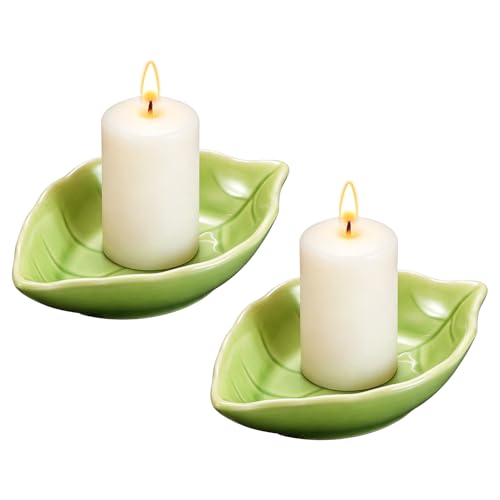 uxcell 2Pcs Ceramic Candle Holder Plates, 4.3 x 3'' Leaf Shaped Candlestick Holder Decorative Dish Small Candle Plate for Tea Light Aromatherapy Wedding Rustic Vintage Home, Green - color: Green