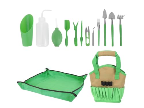 14-Piece Indoor Gardening Tool Set, Stainless Steel Mini Garden Tools with Waterproof Tarp Mat & Tote Bag for Succulents, Potting, Transplanting & Plant Care