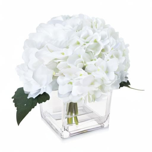 Silk Hydrangea Artificial Flowers in Vase with Faux Water, Silk Flower Arrangements in Vase for Wedding, Dining Table, Living Room (White) - color: White