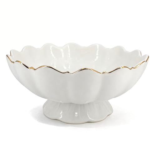 White Small Decorative Bowl 8 Inch Ceramic Key & Fruit Bowl Ruffle Lotus Shape with Gold Rim Candy Bowl, Multi-Use Centerpiece Pedestal Bowls for Kitchen Counter, Coffee Table, Entryway, Wedding