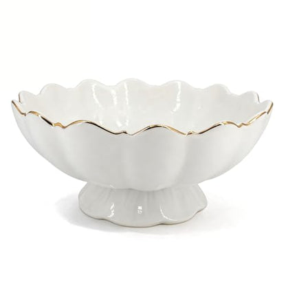 White Small Decorative Bowl 8 Inch Ceramic Key & Fruit Bowl Ruffle Lotus Shape with Gold Rim Candy Bowl, Multi-Use Centerpiece Pedestal Bowls for Kitchen Counter, Coffee Table, Entryway, Wedding