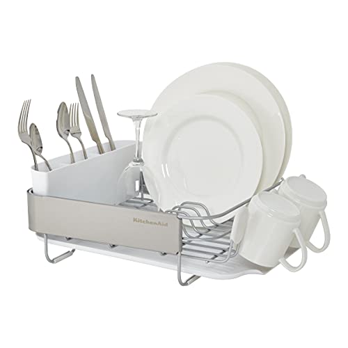KitchenAid Compact Satin Wire Rust Resistant, Expandable Dish Rack with Angled Self Draining Drainboard with Removable Flatware Caddy, 23.18-Inch, Gray - color: White, size: Compact