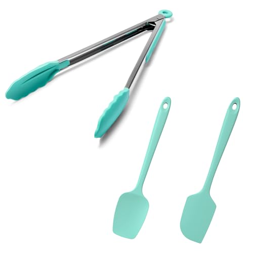 Doosu 12in Kitchen Tong for Cooking - 600°F Heat Resistant Food Tong with Non-Scratch Silicone Tips & 600°F Heat Resistant Silicone Spatula Set of 2 for Kitchen Cooking Baking Stirring (Aqua Sky)