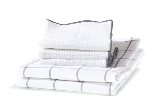 Premium Cotton Flour Sack Kitchen Towels and Dishcloths Set of 5 - Large 20”x 30” Kitchen Towels, Set of 2, Dishcloths, Set of 3. Towels Become Softer and Tougher After Washing. Gray Check Design.