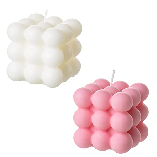 Bubble Candle - Cube Soy Wax Home Decor Scented Candle Set 2 Pieces (White+Pink) - color: White+Pink