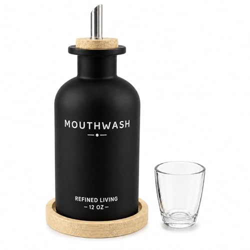 Mouthwash Dispenser for Bathroom, 12 OZ Refillable Glass Mouthwash Bottle with Cup and Bamboo Tray, Decorative Mouth Wash Dispenser Set for Bathroom (Black) - color: Black