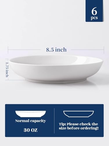 Y YHY Pasta Bowls, 30oz Salad Bowls White Soup Bowls Large Pasta Serving Bowl Porcelain Pasta Plates Wide and Shallow Bowls Set of 6 Microwave Dishwasher Safe Valentines Day Gift - color: White, size: 30 oz