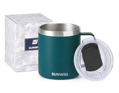 SUNWILL Travel Coffee Mug with Lid, Insulated Cup with Handle, 14 oz Stainless Steel Tumbler for Camping, Office, Outdoor, Powder Coated Dark Green - color: Powder Coated Dark Green