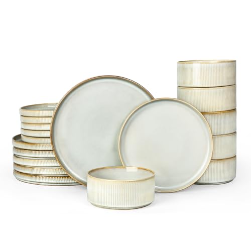 Famiware Star Plates and Bowls Sets, 18pc Modern Stoneware Dinnerware for 6 | Handmade Reactive Glaze Dishes, Chip & Scratch Resistant. Microwave & Dishwasher Safe, Everyday Use Ceramic, Cappuccino White - color: Cappuccino White, size: Service for 6
